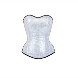 New! Silver Sequin And Black Satin Overbust Corset